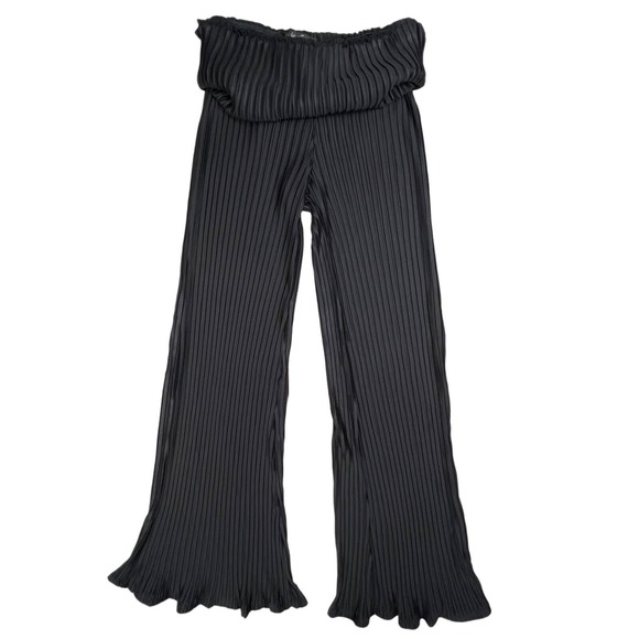 Love Cameron LA Women LARGE Black Pleated Stretch Flare Bottom Pants Elastic - Picture 1 of 6